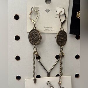 Antique Brass Medallion Drop Earrings - Brass Tone